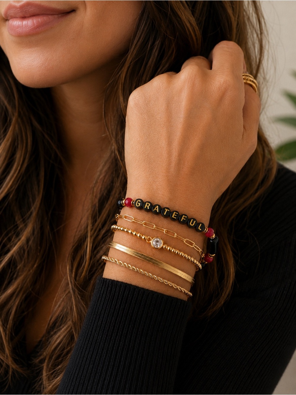 🙏🏻Crystal Faceted Beaded Bracelet - Black, Red & Gold